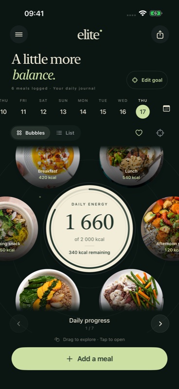 Elite diary: meals in circular photos and a daily calorie goal summary